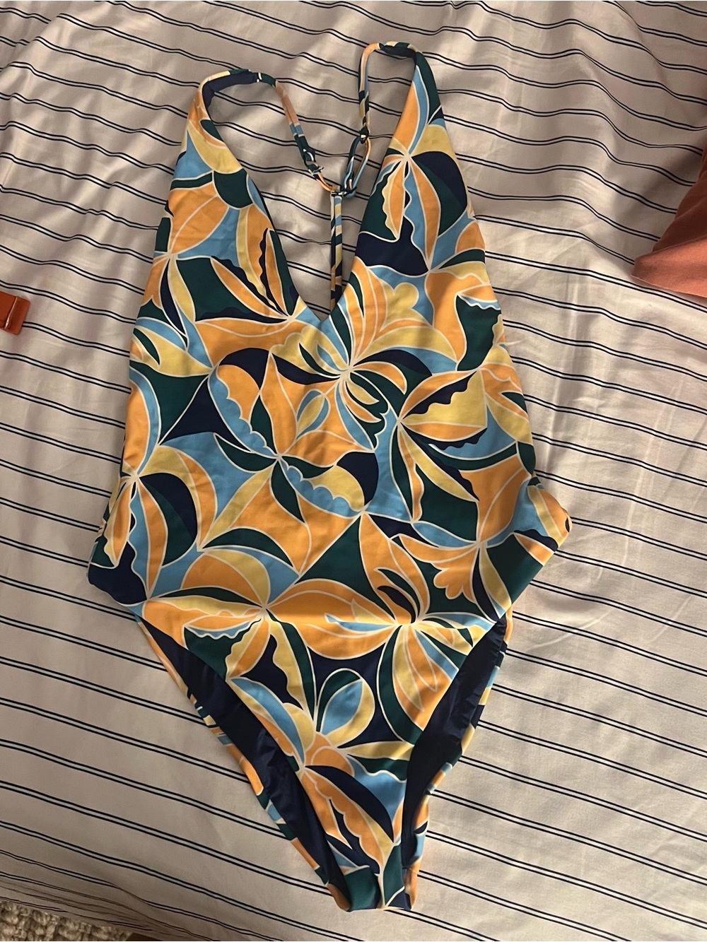 Onia Navy One-Piece with Yellow and Teal Tropical Print